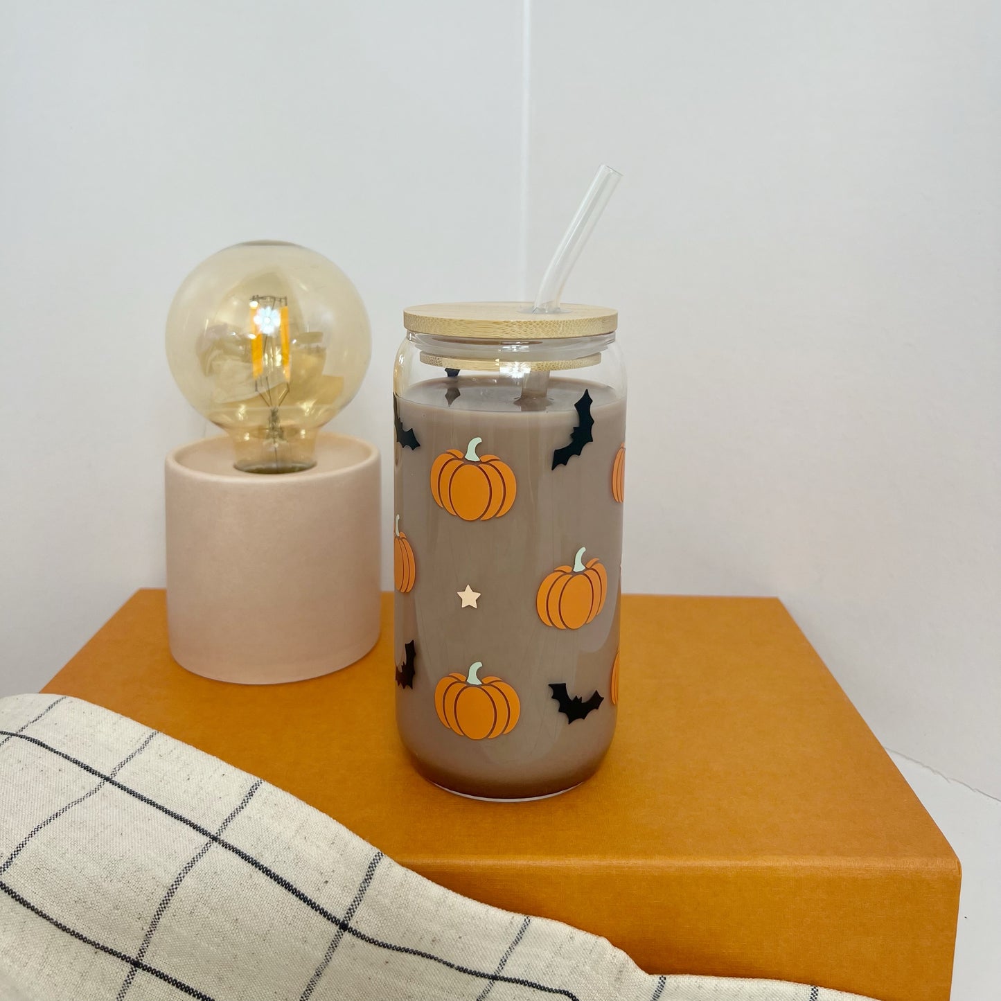 Kürbis Trinkglas mit Bambusdeckel & Strohhalm