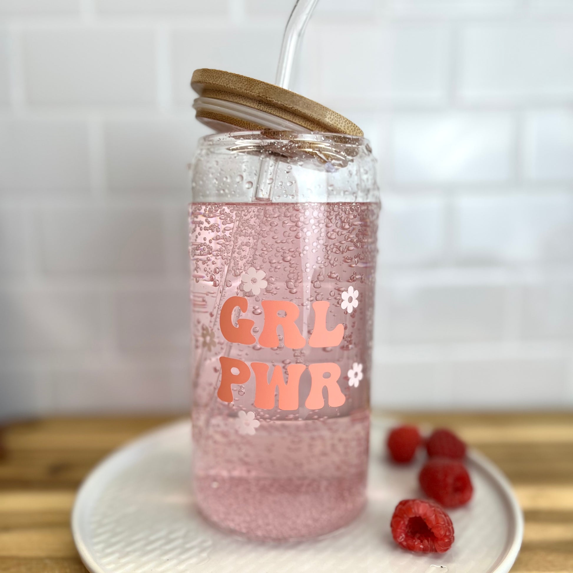 Trinkglas mit Strohhalm Aufdruck GRL PWR