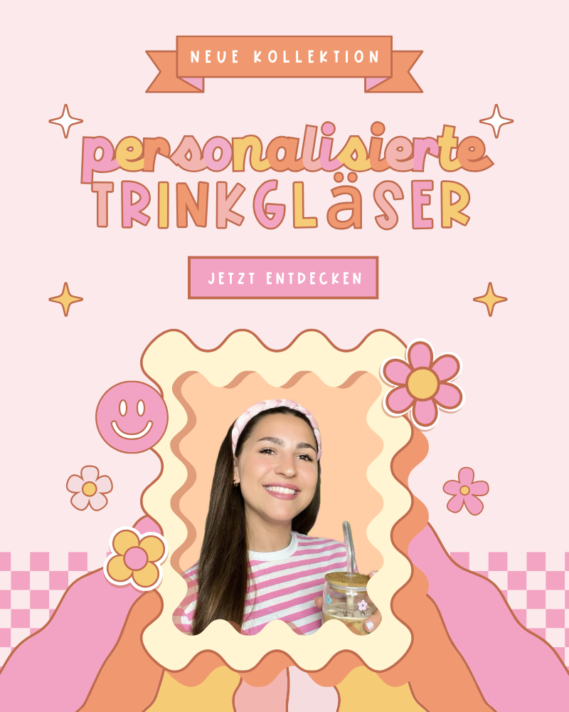 Banner Mobil "Neue Kollektion - Personalisierte Trinkgläser" und Frau mit Trinkglas in der Hand retro style rosa