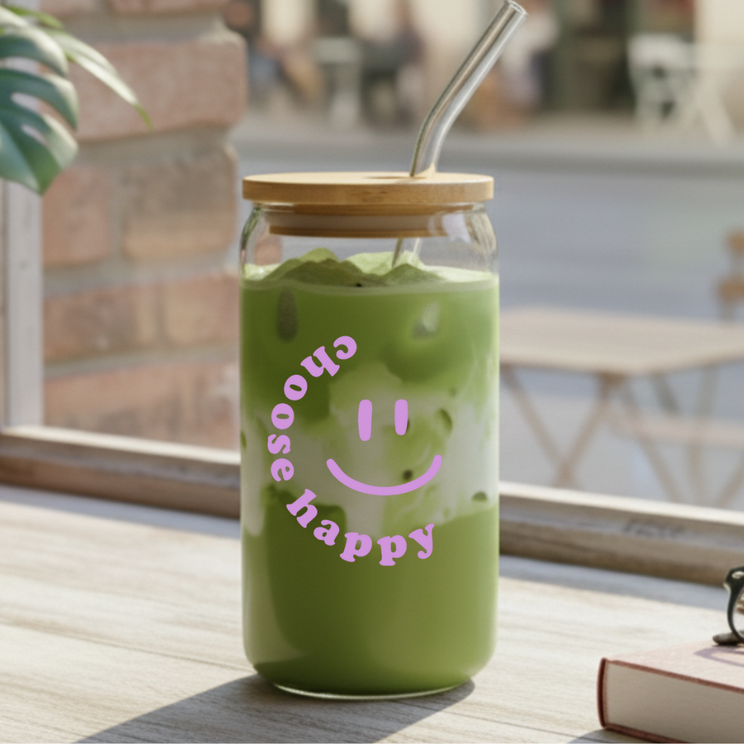 Trinkglas Matcha "Choose Happy" in lila