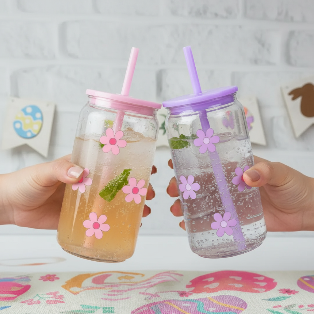 Trinkbecher mit Blumen in rosa und lila Hände stoßen an