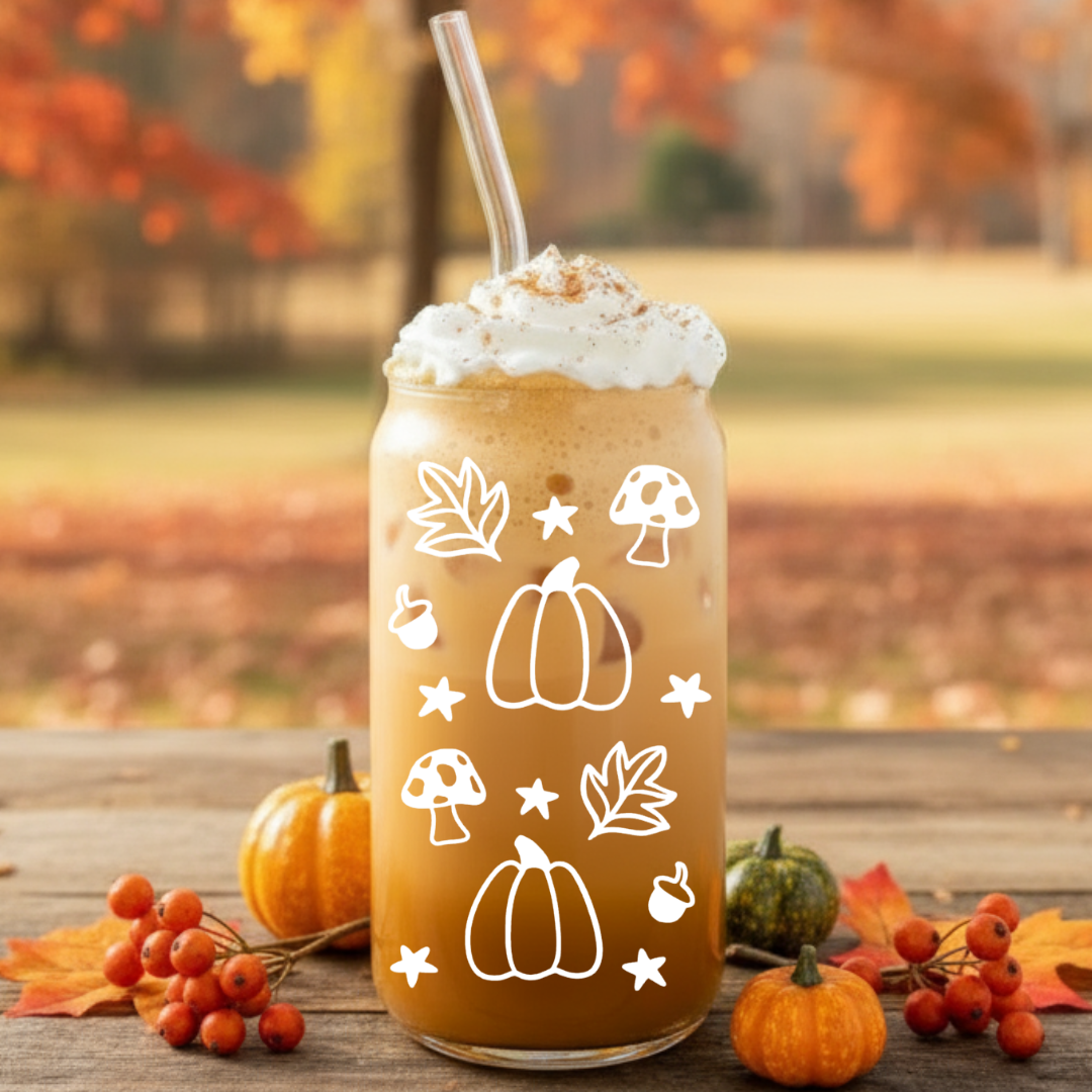 Trinkglas mit Deckel und Strohhalm "Autumn Vibes" mit Kürbis, Pilz und Blätter