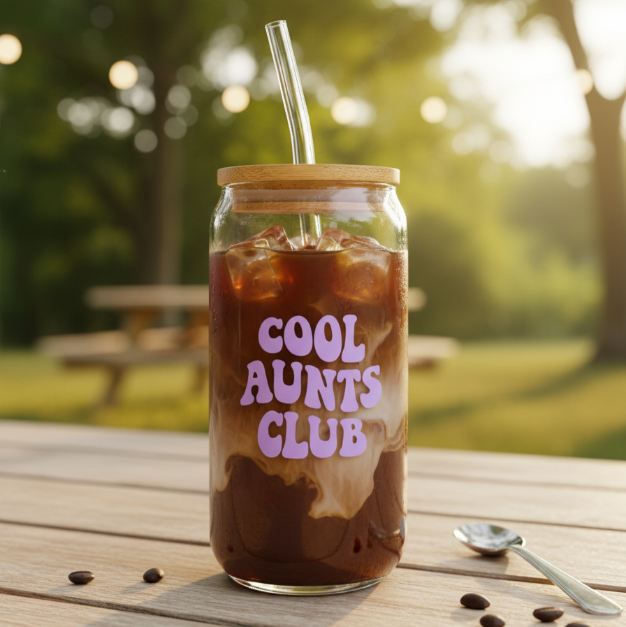 Trinkglas "Cool Aunts Club" mit Deckel und Strohhalm
