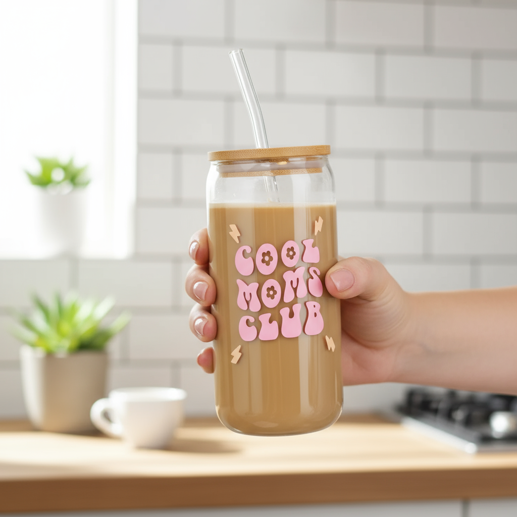 "Cool Moms Club"-Trinkglas mit Deckel und Strohhalm