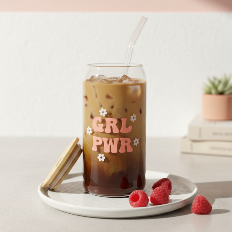 Trinkglas "GRL PWR" mit Deckel und Strohhalm