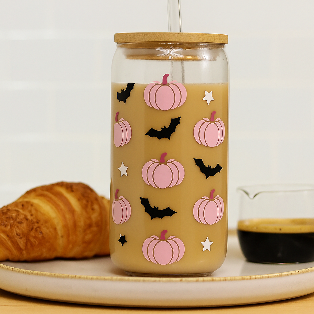 trinkglas mit deckel und strohhalm halloween kür bisse rosa