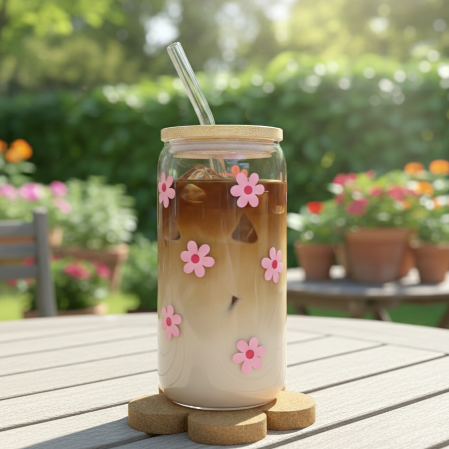 Trinkglas mit pinken Blumen