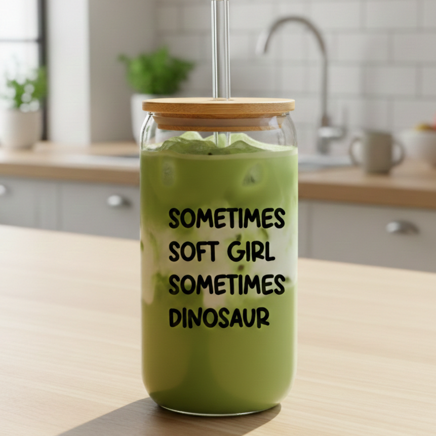 Trinkglas "sometimes soft girl, sometimes dinosaur"