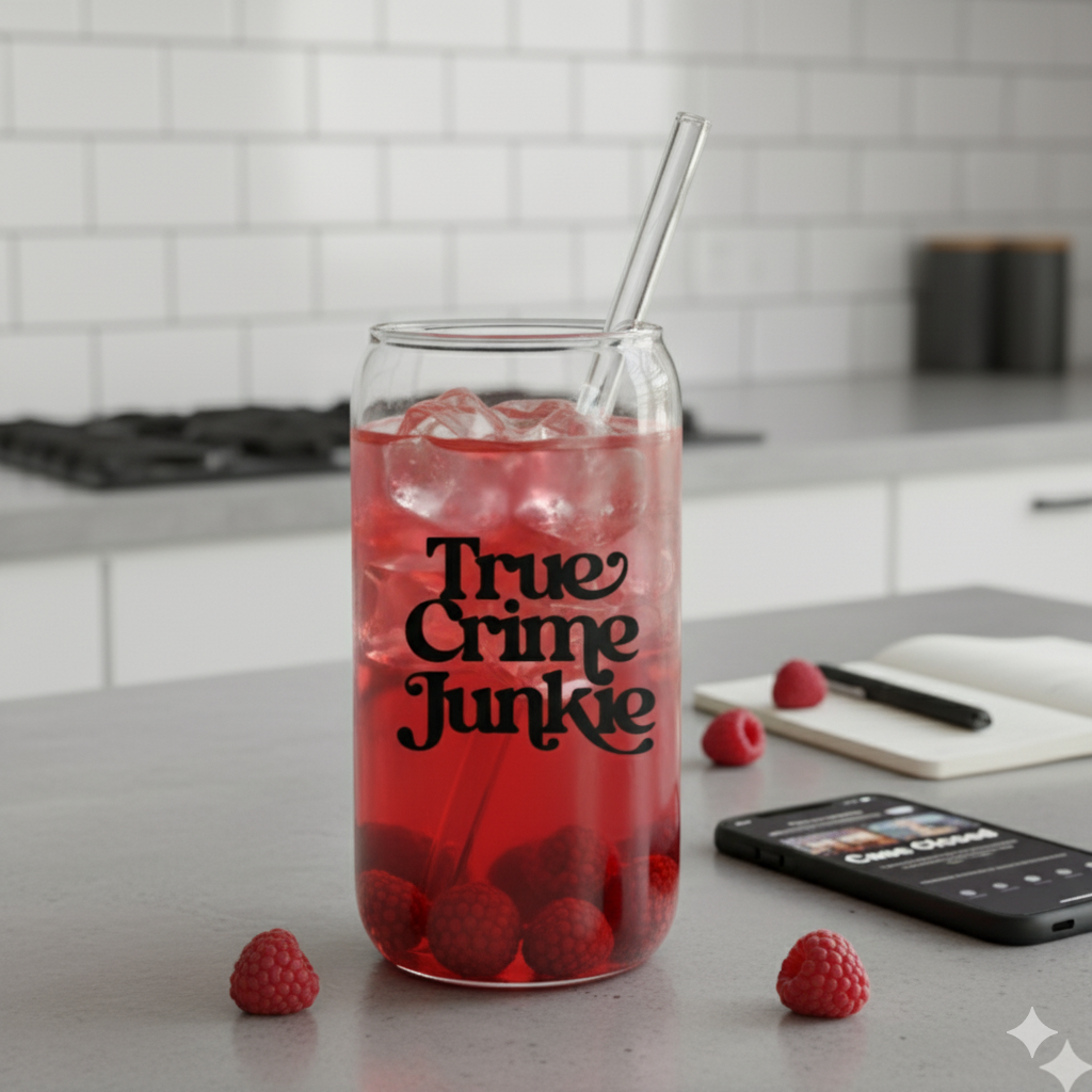 Trinkglas „True Crime Junkie“ 🖤🔍 – stylisches Glas mit Bambusdeckel & Strohhalm. Perfekt für Podcast-Fans & Serienliebhaber:innen mit Coffee-Vibe.