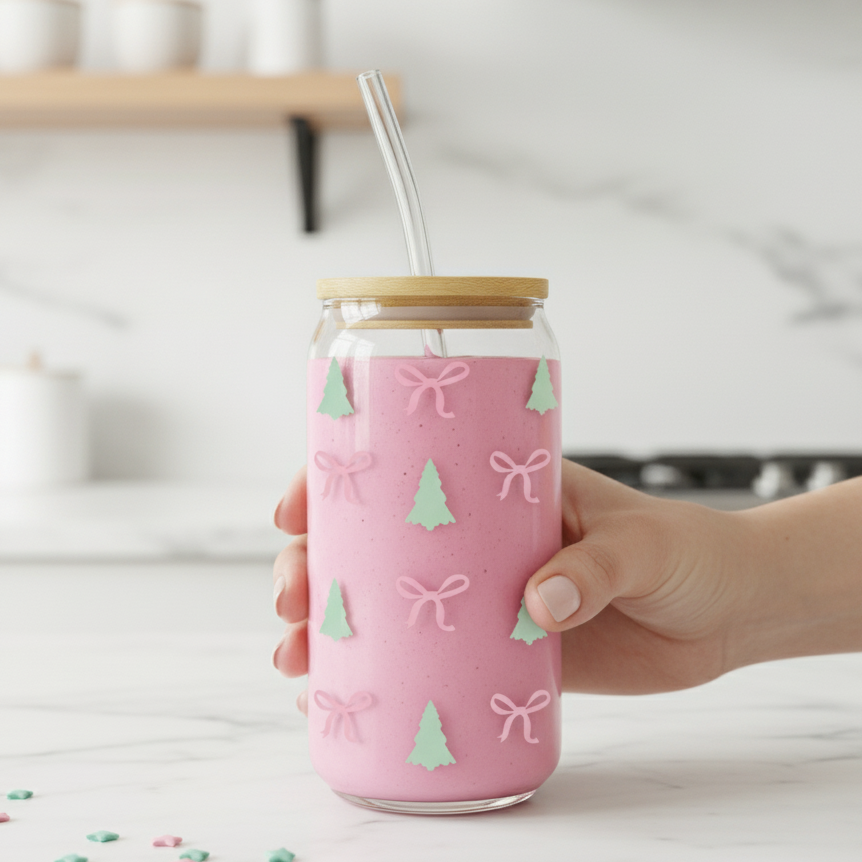 Trinkglas "Girly Weihnachten" – mit Bambusdeckel & Glasstrohhalm