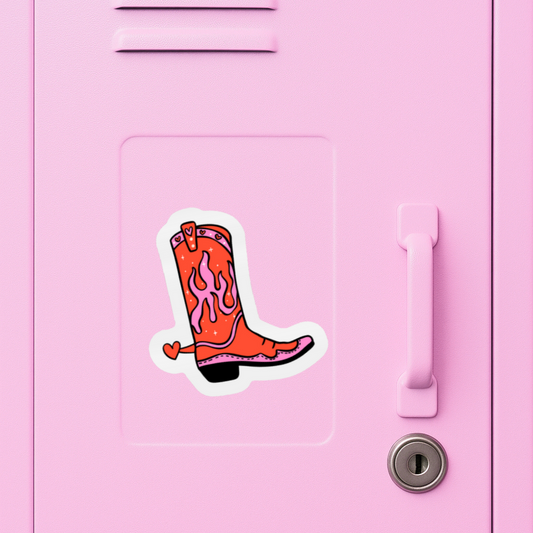 Sticker "Cowboy-Boot" in rot auf Metallschrank rosa