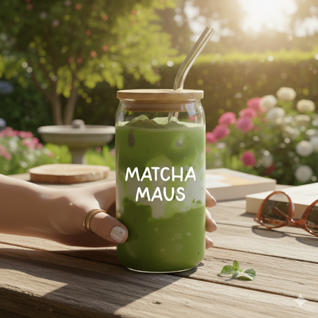 Trinkglas "Matcha Maus" - mit Deckel und Strohhalm