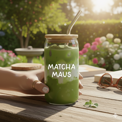 Trinkglas "Matcha Maus" - mit Deckel und Strohhalm