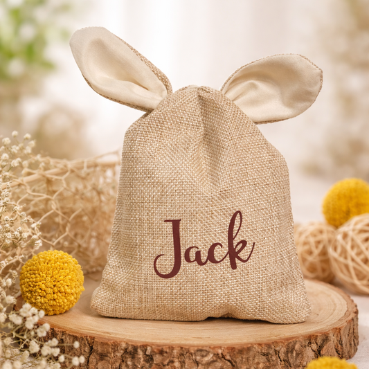 Personalisierter Osterbeutel mit Hasenohren aus Jute – Natürliches Osternest mit Name
