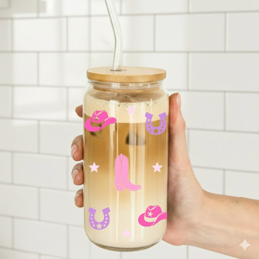 Trinkglas "cowgirl vibes" mit Deckel und Strohhalm Iced Latte