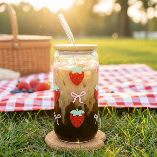 Trinkglas mit Erdbeeren und Schleifen