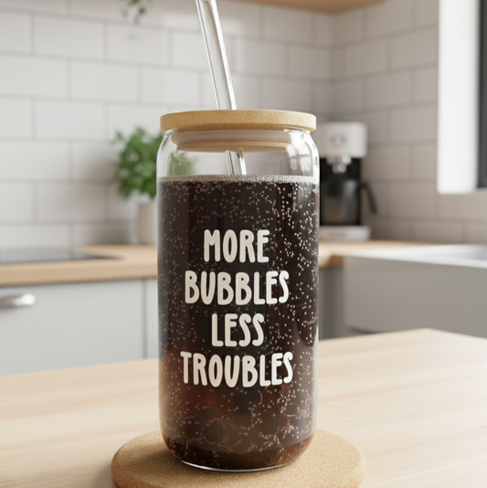 Trinkglas "More Bubbles Less Troubles"