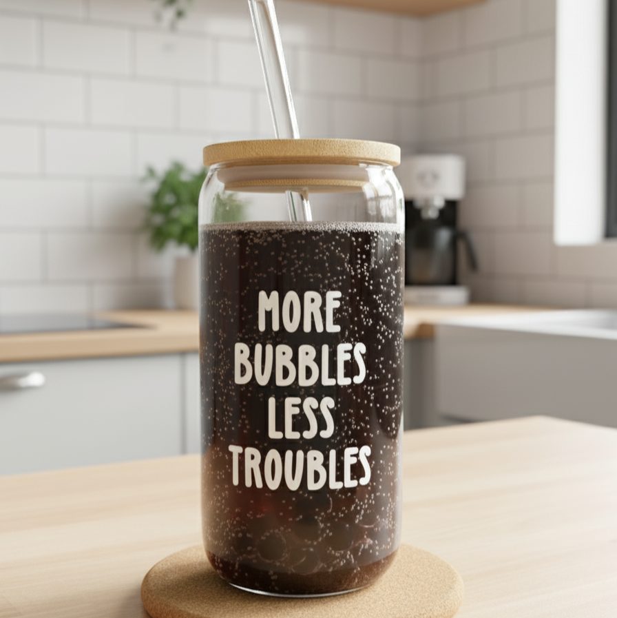 Trinkglas "More Bubbles Less Troubles"
