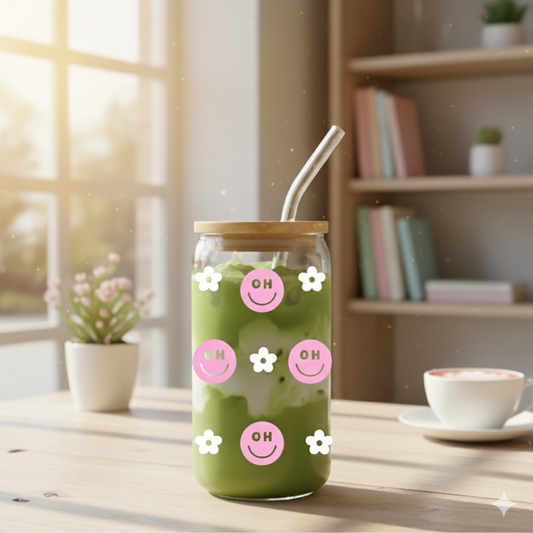 Trinkglas "oh happy faces" rosa mit Blumen