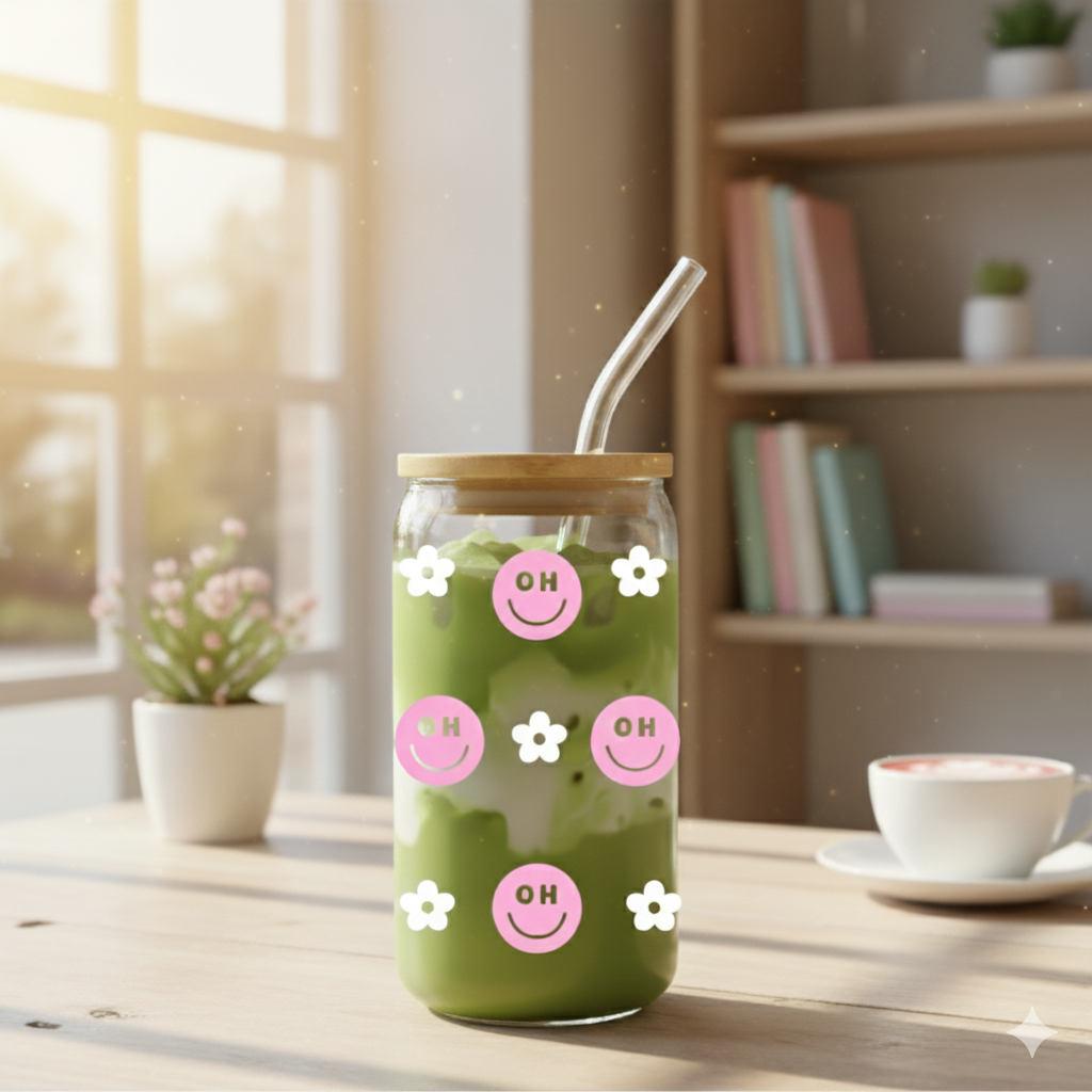 Trinkglas "oh happy faces" rosa mit Blumen