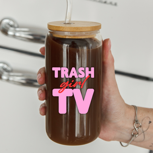 Trinkglas mit Deckel und Strohhalm "Trash TV Girl" rosa rot