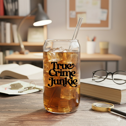 Trinkglas „True Crime Junkie“ 🖤🔍 – stylisches Glas mit Bambusdeckel & Strohhalm. Perfekt für Podcast-Fans & Serienliebhaber:innen mit Coffee-Vibe.