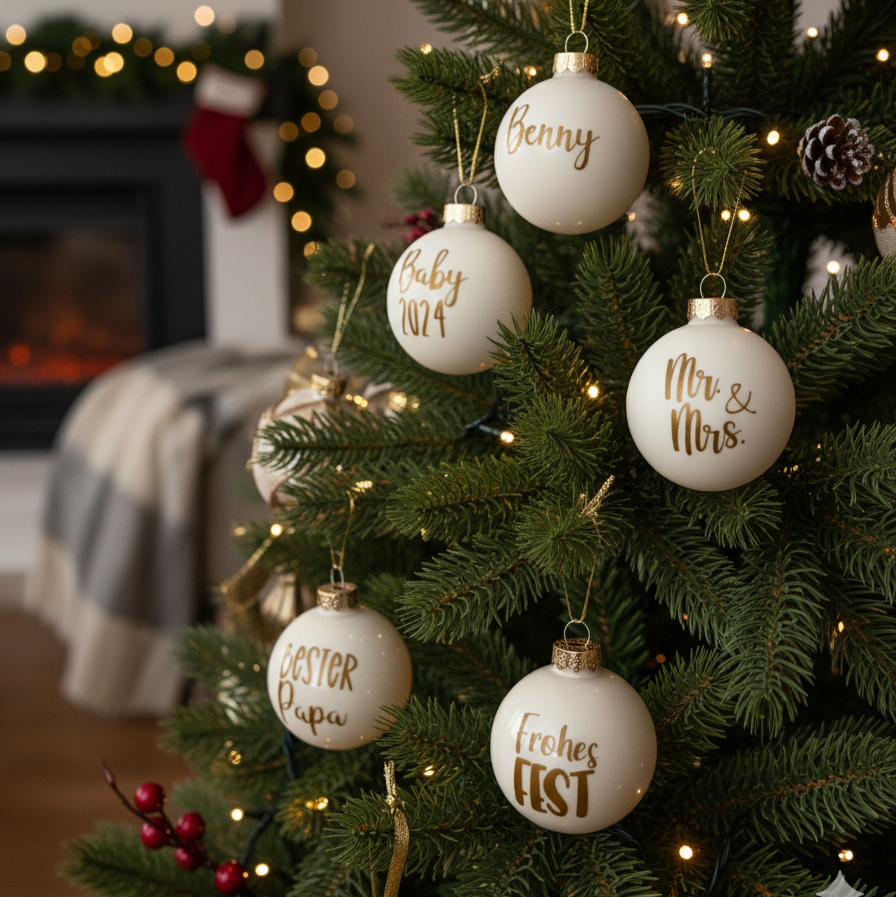Weihnachtskugeln bedruckt am Christbaum